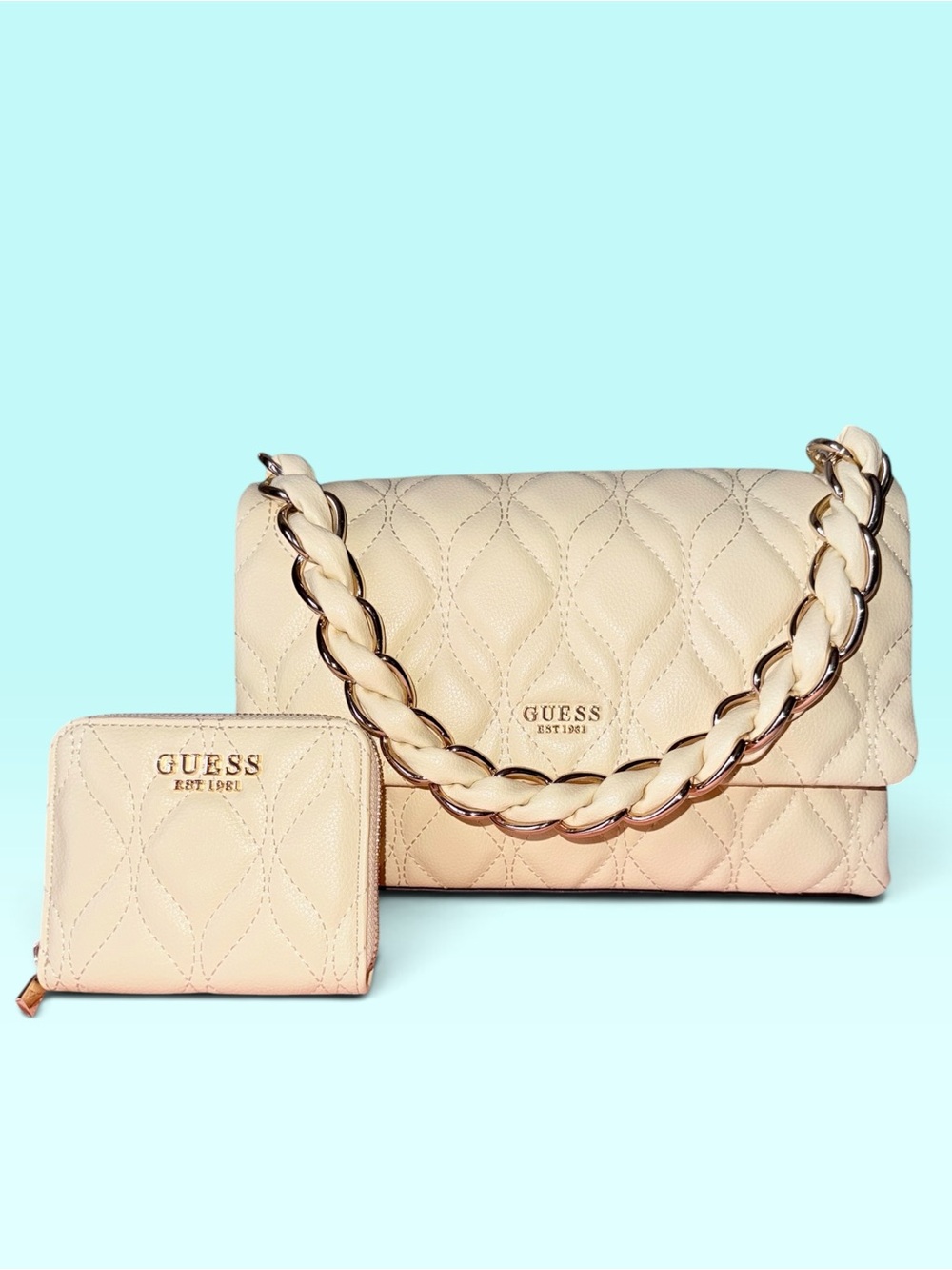 GUESS Butter Cream YellowQuilted Bag with Chain Handle and Matching Wallet
